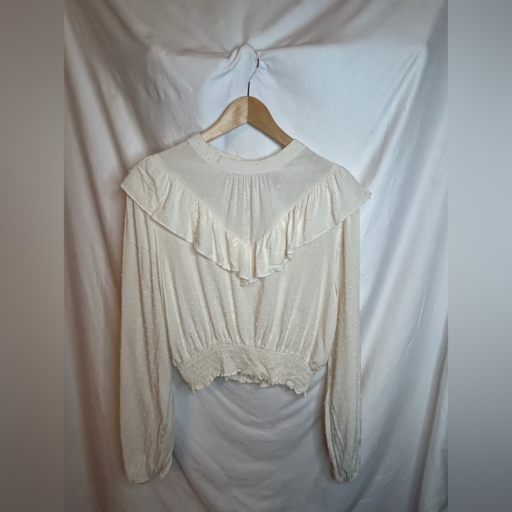 Wild Fable Cropped Blouse Sz M Off-White Crew Neck Long Sleeve Embroidered Rayon